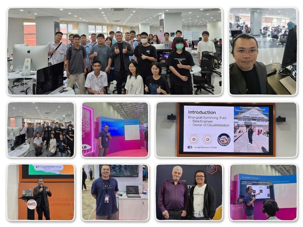 Photo collage of Clouddatalabor tech community events — conference talks, workshops, and networking